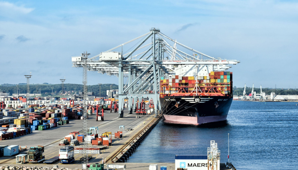 Arkivbildet viser lossing av et MSC-skip i Århus havn i 2017. Det er APM Terminals som drifter containerterminalen, som er Danmarks største.