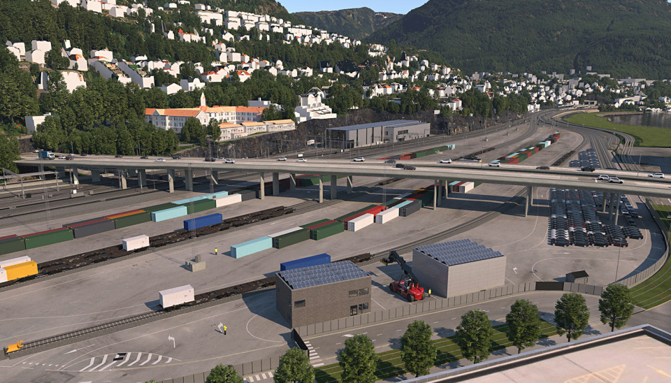 Nygårdstangen godsterminal i Bergen er stridens eple. Den skal bygges om for å bli mer effektiv. De to speditørene Schenker og PostNord som er kastet ut av Nygårdstangen har funnet seg nye lokasjoner. (Illustrasjon: Bane NOR/COWI AS)