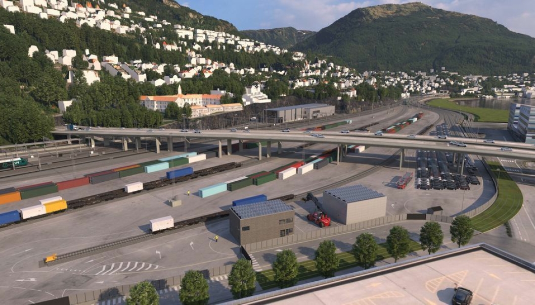 Regjeringen har gitt klarsignal til bygging av dobbeltspor inn til Bergen stasjon og ny grønn godsterminal. (Illustrasjon: Bane NOR/Cowi)