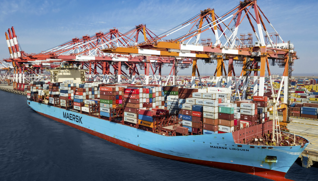 Et Maersk-skip lastes i Shanghai havn. Spot-prisene synker uke for uke, viser Shanghai Containerized Freight Index.