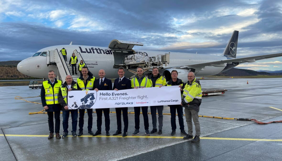Her markeres Lufthansa Cargos A321-fraktflyvninger fra Evenes til Frankfurt, før fisken blir videresendt til land i Østen. (Foto: Lufthansa)