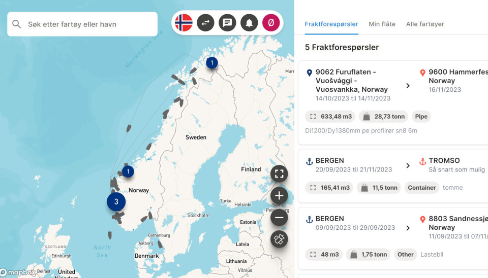 SKJERMDUMP: Plattformen har et enkelt grensesnitt der redere kan legge ut ledig kapasitet, eller se hva godseiere har søkt etter av transport. SKJERMDUMP: Plattformen har et enkelt grensesnitt der redere kan legge ut ledig kapasitet, eller se hva godseiere har søkt etter av transport.
