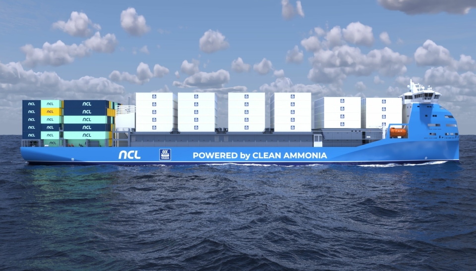 Slik ser skipet som NCL skal bygge: et containerskip på 18 500 dødvekttonn som er drevet av ammoniakk med en batteripakke på 250 kWh og mulighet for landstrøm.