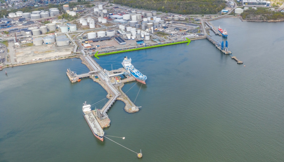 «Kustkaien», som ligger mellom de to pirene på bildet, skal utvikles til å bli et massivt knutepunkt for grønn energi de neste sju årene.