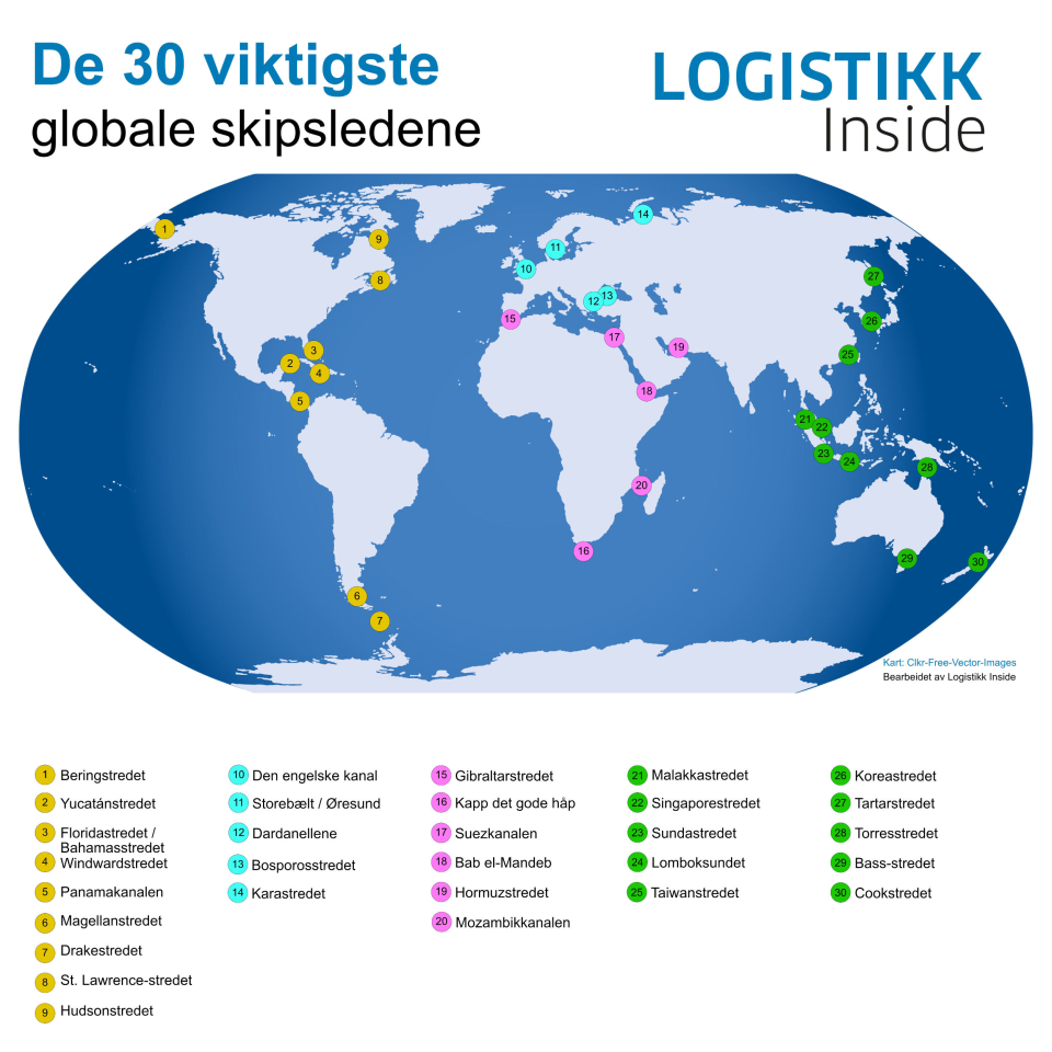 De 30 viktigste flaskehalsene i internasjonal skipsfart