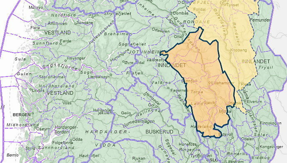 NVE: Norges vassdrags- og energidirektorat går 10. september ut med dette kartet for jordskredfare.